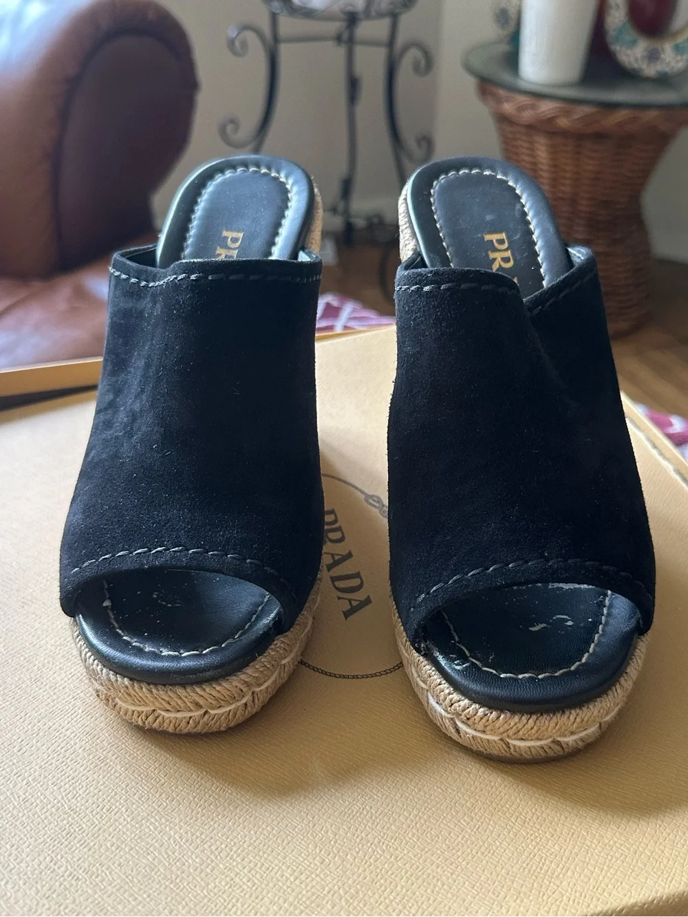 Prada Black Suede Espadrille Wedge Mules